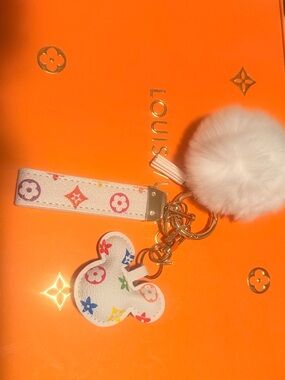 White Multicolor Monogram Pompom Keychain